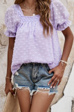 Plain Puff Square Neck Jacquard Flower Blouse Top