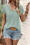Plain Lace Crochet V Neck Short Sleeves Top