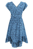Leopard V Neck Irregular Hem Ruffle Dress