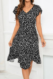 Leopard V Neck Irregular Hem Ruffle Dress