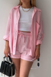 Plain Button Up Shirt and Drawstring Shorts 2PCS Set
