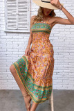 Orange Boho Flower Print Spaghetti Dress
