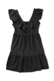 Black Ruffle Trim V Neck Smocking Back Mini Dress