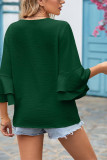 Plain V Neck Textured Ruffles Sleeves Blouse