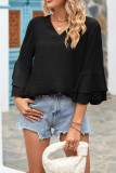 Plain V Neck Textured Ruffles Sleeves Blouse