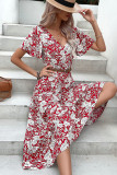 Burgundy Floral V Neck Maxi Dress