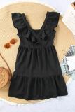 Black Ruffle Trim V Neck Smocking Back Mini Dress
