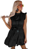 Black Rose Satin Leopard Tie Waist Frilled Sleeveless Dress