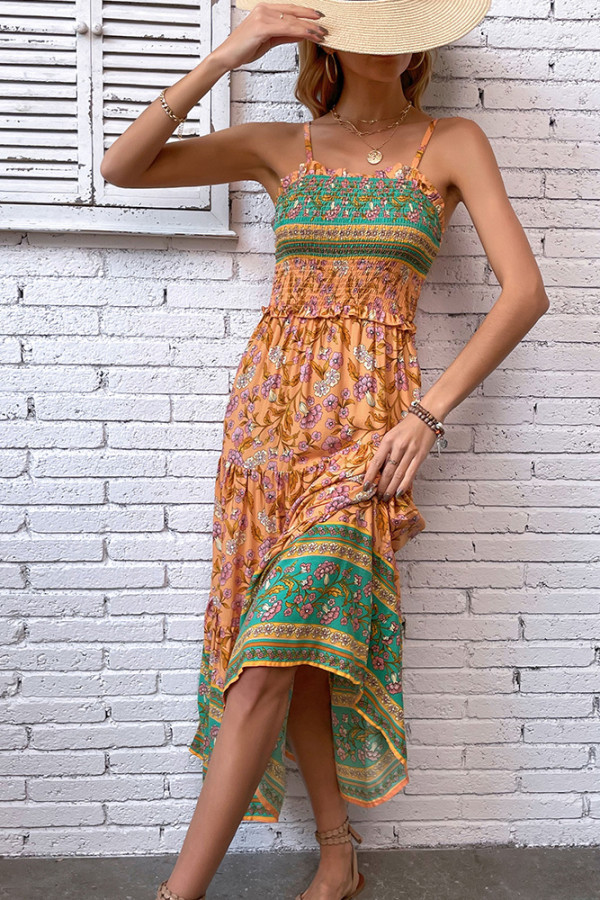 Orange Boho Flower Print Spaghetti Dress