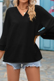 Plain V Neck Textured Ruffles Sleeves Blouse