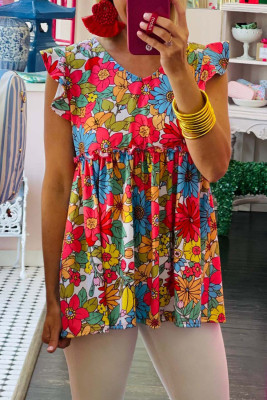 Red V Neck Ruffled Floral Babydoll Top