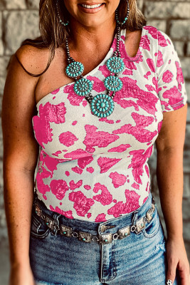 Pink One Shoulder Cow Print Cut out Short Sleeve Top