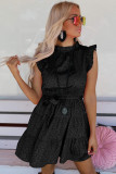 Black Rose Satin Leopard Tie Waist Frilled Sleeveless Dress