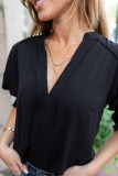 Black Solid Color Half Sleeve V Neck Blouse