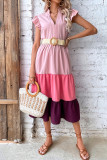 Pink Color Block Flutter Sleeves Tiered Maxi Dress