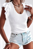 White Rib Knitted Ruffle Sleeve U Neck Top