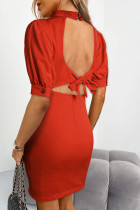 Red High Neck Lantern Sleeves Backless Mini Dress