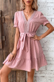 Pink Swiss Dot V Neck Lace Edge Ruffles Dress