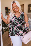 Black Plus Size Floral Print Ribbon V Neck Tank Top