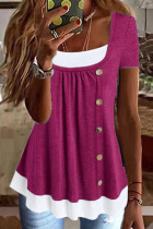 Plain Smocked Button Short Sleeves Top