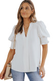 White Solid Color Half Sleeve V Neck Blouse