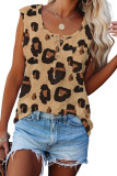 Leopard Button Neck Chest Pocket Tank Top