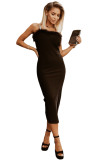 Black Rhinestone Straps Feather Trim Bodycon Midi Dress with Slit