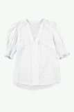 White Solid Color Half Sleeve V Neck Blouse
