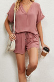 V Neck Plain Two Pieces Short Set