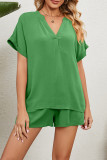 V Neck Plain Two Pieces Short Set