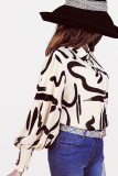 Printed Puff Smocked Cuff Open Button Blouse