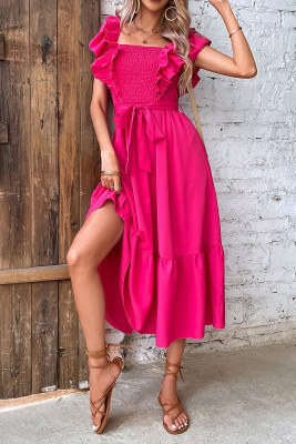 Rose Smocked Ruffles Midi Dress With Sash