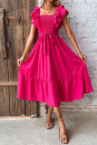 Rose Smocked Ruffles Midi Dress With Sash
