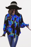Printed Puff Smocked Cuff Open Button Blouse