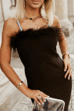 Black Rhinestone Straps Feather Trim Bodycon Midi Dress with Slit
