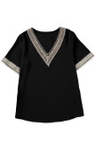 Black Lace Trim V Neck Short Sleeve Blouse