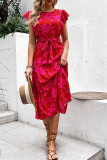 Red Floral Flutter Sleeves Tiered Dress