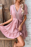 Pink Swiss Dot V Neck Lace Edge Ruffles Dress