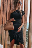 Black One-shoulder Short Sleeve Ruched Bodycon Dress