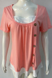 Plain Smocked Button Short Sleeves Top