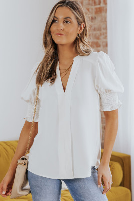 White Solid Color Half Sleeve V Neck Blouse