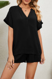 V Neck Plain Two Pieces Short Set
