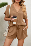 V Neck Plain Two Pieces Short Set