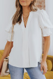 White Solid Color Half Sleeve V Neck Blouse