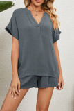 V Neck Plain Two Pieces Short Set