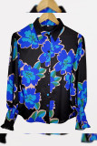 Printed Puff Smocked Cuff Open Button Blouse