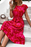 Red Floral Flutter Sleeves Tiered Dress