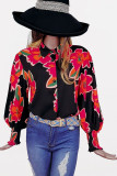 Printed Puff Smocked Cuff Open Button Blouse