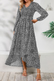 V Neck Puff Sleeves Split Printing Maxi Dress