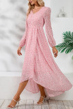 V Neck Puff Sleeves Split Printing Maxi Dress